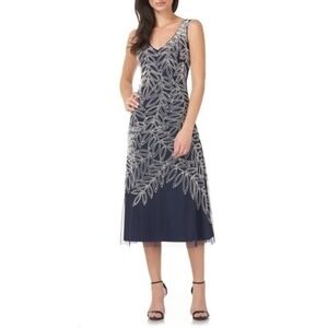 JS Collections Beaded Sleeveless V-Neck Navy Blue Midi Dress Size 8 NWT